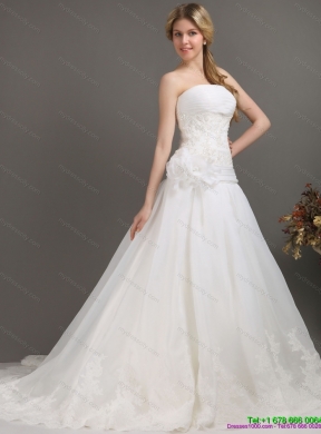 Ruched Beaded White Wedding Dresses with Brush Train and Hand Made Flower