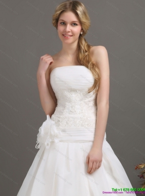 Ruched Beaded White Wedding Dresses with Brush Train and Hand Made Flower