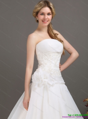 Ruched Beaded White Wedding Dresses with Brush Train and Hand Made Flower