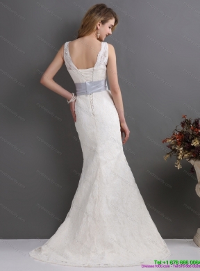 2015 Classical V Neck Lace and Sash Wedding Dress