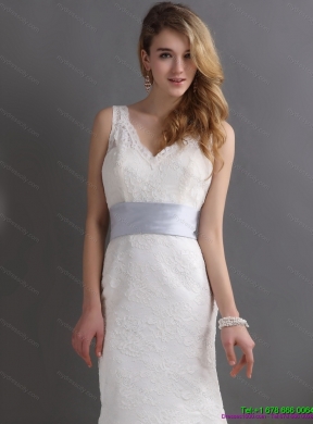 2015 Classical V Neck Lace and Sash Wedding Dress