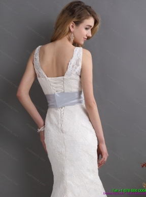 2015 Classical V Neck Lace and Sash Wedding Dress