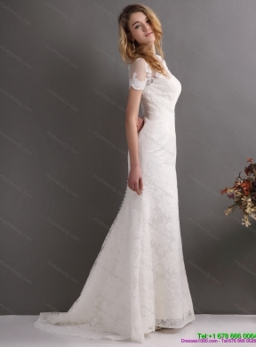 2015 Classical V Neck Lace Wedding Dress with Short Sleeves