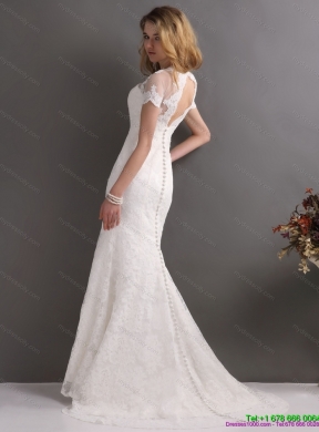 2015 Classical V Neck Lace Wedding Dress with Short Sleeves