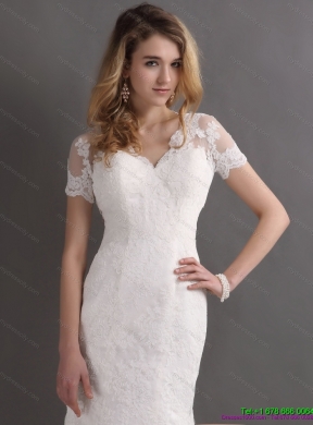 2015 Classical V Neck Lace Wedding Dress with Short Sleeves