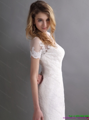 2015 Classical V Neck Lace Wedding Dress with Short Sleeves