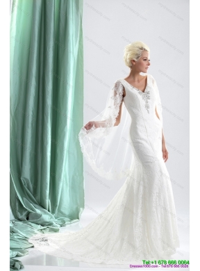 2015 Luxurious V Neck Wedding Dress with Lace and Appliques