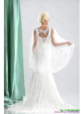 2015 Luxurious V Neck Wedding Dress with Lace and Appliques