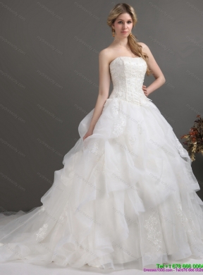 2015 Popular Strapless Lace Wedding Dress with Brush Train