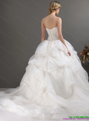 2015 Popular Strapless Lace Wedding Dress with Brush Train