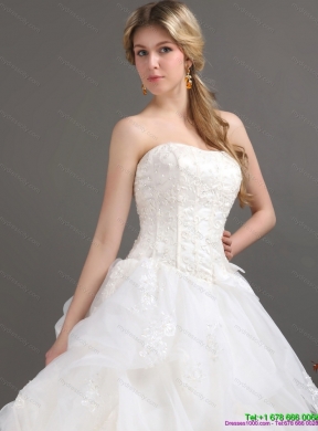 2015 Popular Strapless Lace Wedding Dress with Brush Train