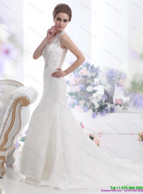 2015 Pretty Mermaid Beading Wedding Dress with Brush Train