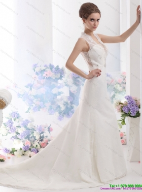 2015 Pretty Mermaid Beading Wedding Dress with Brush Train