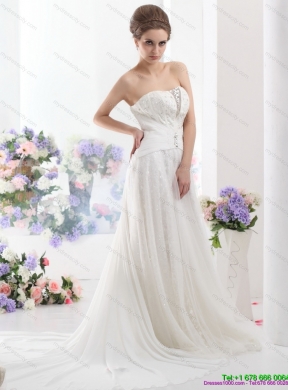 2015 Unique Sequines White Wedding Dresses with Chapel Train