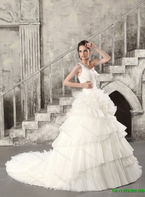 2015 White One Shoulder Chapel Train Wedding Dresses with Ruffled Layers