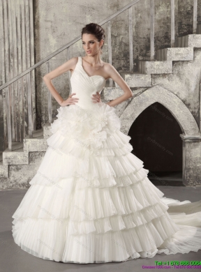 2015 White One Shoulder Chapel Train Wedding Dresses with Ruffled Layers