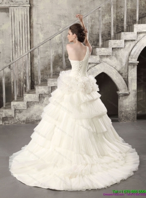 2015 White One Shoulder Chapel Train Wedding Dresses with Ruffled Layers