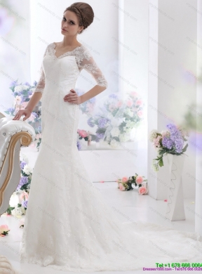 2015 White V Neck Lace Wedding Dresses with  Brush Train and Half Sleeves