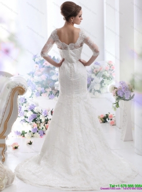 2015 White V Neck Lace Wedding Dresses with  Brush Train and Half Sleeves