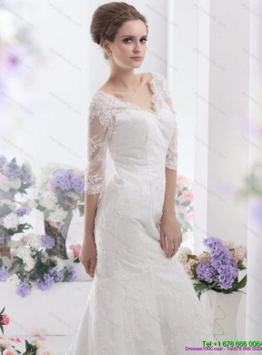 2015 White V Neck Lace Wedding Dresses with  Brush Train and Half Sleeves