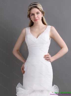 Luxurious V Neck 2015 Wedding Dress with Ruching and Ruffles