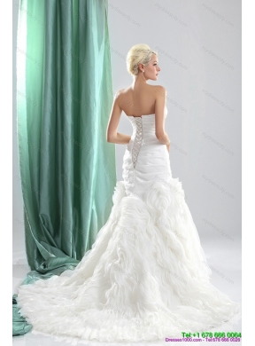 Pleated Sequined White Wedding Dresses with Chapel Train