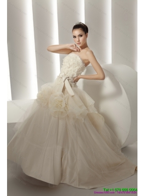 Popular Ruffled White colored Wedding Dresses with Rolling Flowers