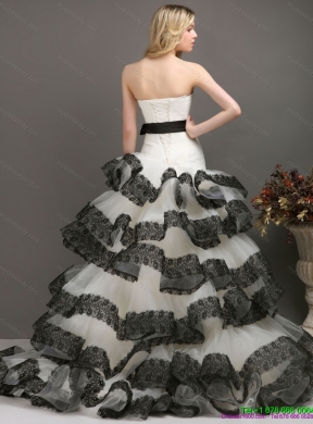 Sash and Lace Strapless 2015 colored Wedding Dresses in White and Black