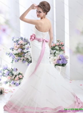 2015 Fashionable Strapless Mermaid colored Wedding Dress with Ruching and Hand Made Flowers