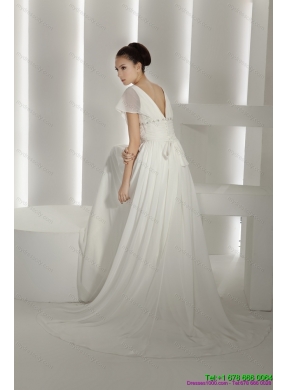 2015 Popular Brush Train chiffon White Wedding Dresses with Ruching and Beading