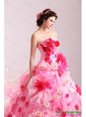 Multi Color Strapless colored Wedding Gown with Hand Made Flower and Chapel Train