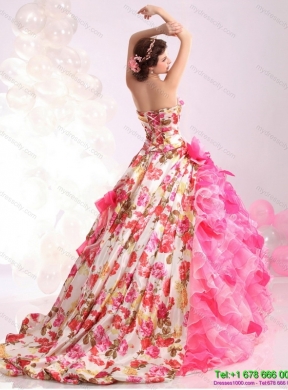 Ruffles Multi Color colored Bridal Gown with  Brush Train and Hand Made Flowers