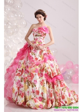 Ruffles Multi Color colored Bridal Gown with  Brush Train and Hand Made Flowers