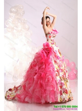 Ruffles Multi Color colored Bridal Gown with  Brush Train and Hand Made Flowers