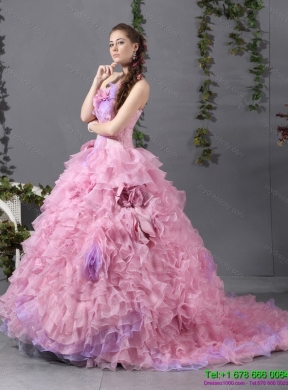 Unique Sweetheart Ruffles 2015 colored Wedding Dresses with Hand Made Flower