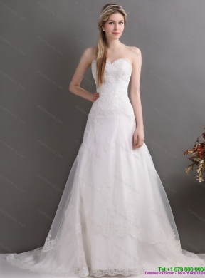 Gorgeous Laced Brush Train White Wedding Dresses in White