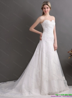 Gorgeous Laced Brush Train White Wedding Dresses in White