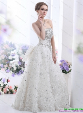 Pretty Strapless Bownot Lace White Wedding Dresses with Rhinestones