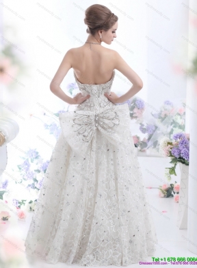 Pretty Strapless Bownot Lace White Wedding Dresses with Rhinestones