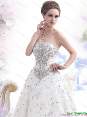 Pretty Strapless Bownot Lace White Wedding Dresses with Rhinestones