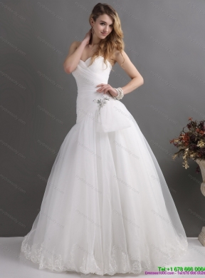 White Sweetheart Lace and Ruching Bridal Gowns with Brush Train