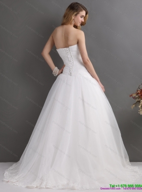 White Sweetheart Lace and Ruching Bridal Gowns with Brush Train