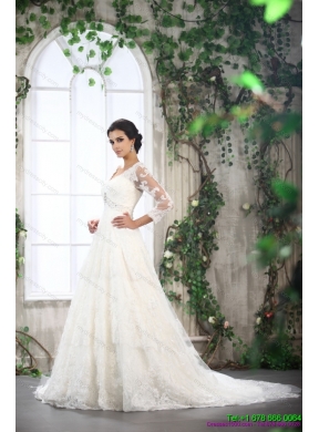 White V Neck Lace Wedding Dresses with Brush Train and Beading