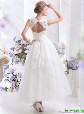 2015 Cute Scoop Ankle length Lace Wedding Dresses with Lace and Bowknot