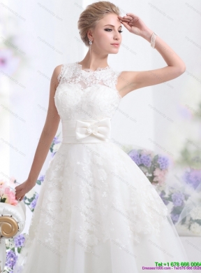 2015 Cute Scoop Ankle length Lace Wedding Dresses with Lace and Bowknot