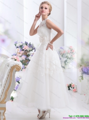 2015 Cute Scoop Ankle length Lace Wedding Dresses with Lace and Bowknot