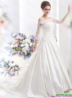 2015 Elegant Off the Shoulder Lace Wedding Dress with 3/4 Length Sleeve
