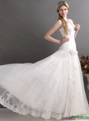 2015 Perfect A Line Wedding Dress with Lace and Hand Made Flowers