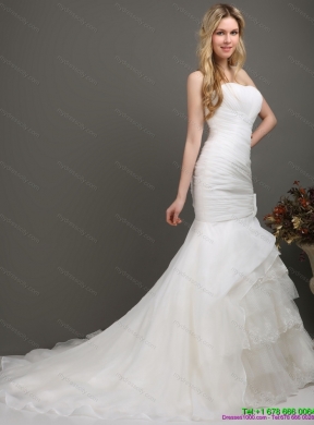 2015 Decent Strapless Mermaid Wedding Dress with Ruching and Ruffles