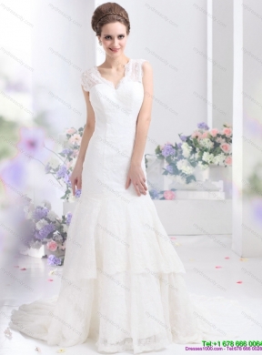 2015 Gorgeous Lace White Wedding Dresses with Brush Train